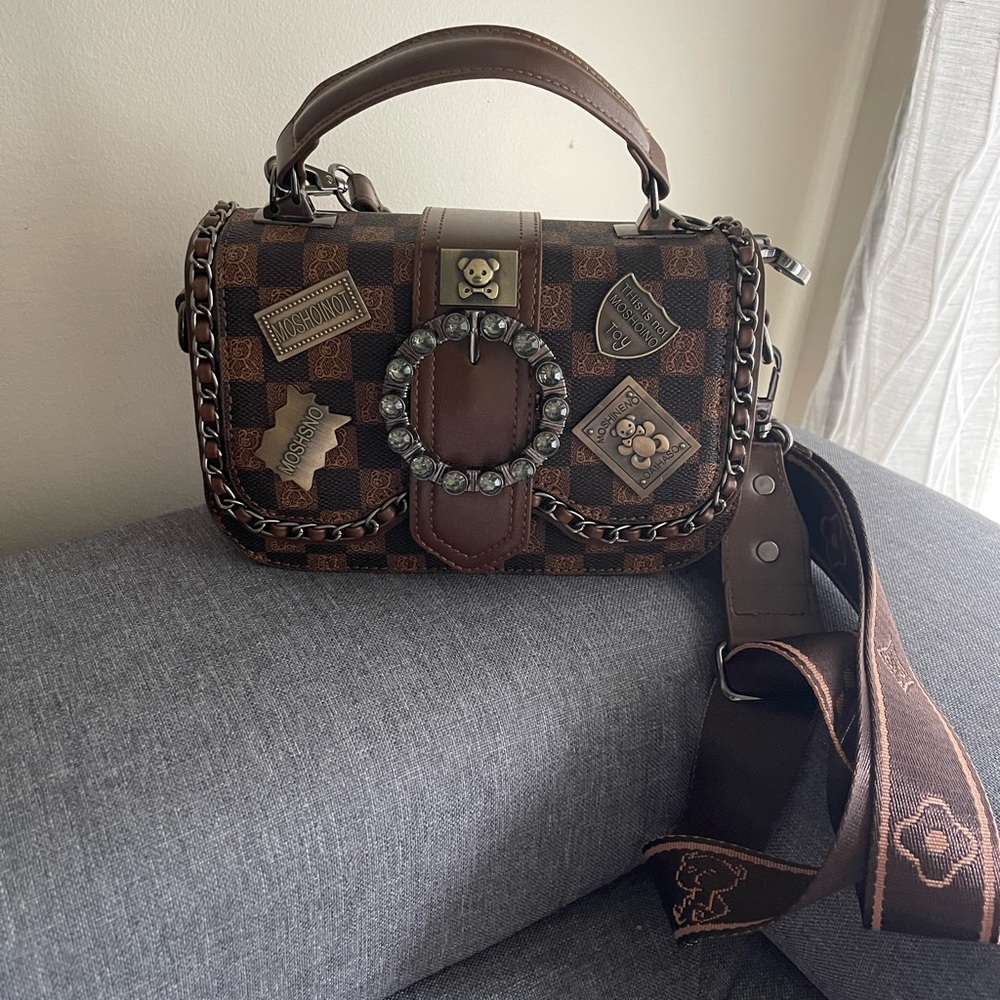 Brown checkered bear bag